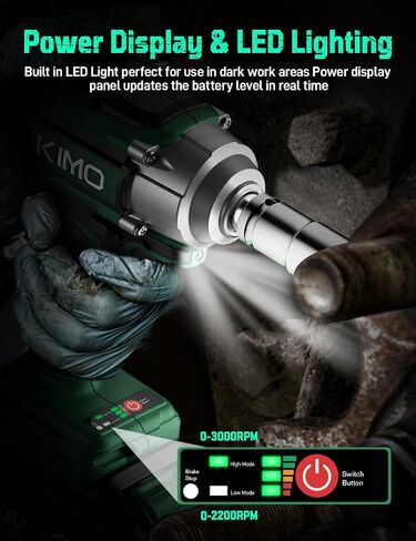 KIMO Impact Wrench 1/2 Cordless,550N.m/406ft-lbs Max Torque & 3000RPM, 2x20V 3.0Ah Battery, Impact Gun with 7 Drive Impact Sockets, 3 Inch Extension Bar, 1 Hour Fast Charger Impact Drill for Car Tires in Kuwait