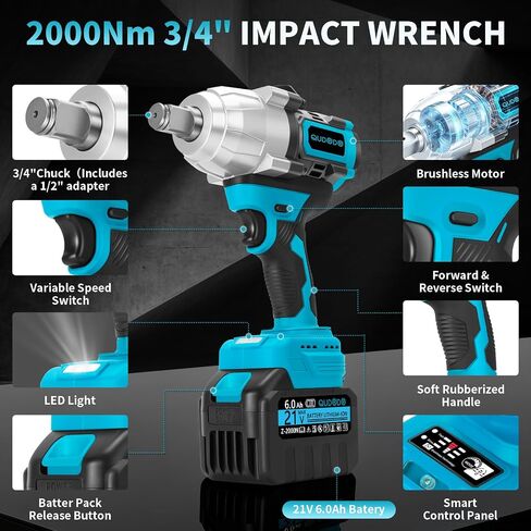 2000 Nm Cordless Impact Wrench, 3/4''（1475 ft-lbs） Brushless Impact Gun with 2 x 6.0 Ah Battery, 21V Power Impact Driver with 6 Sleeves Applications Case for Car, Truck, RV, Heavy Duty Use in Kuwait