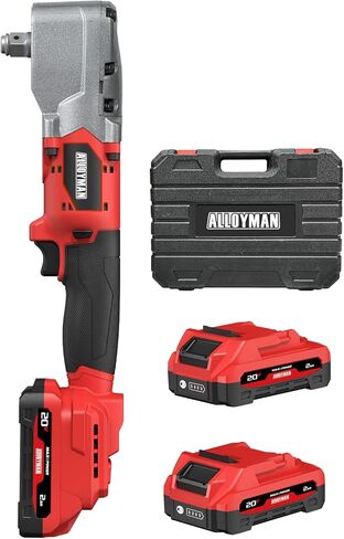 Alloyman 20V Brushless Right Angle Impact Wrench, 207 Ft-lbs（280N.M）,1/2'' High Torque Cordless Power Tool with 2×2.0Ah Batteries, LED Light, 2-Speed Control, Compact 90° Design for Tight Spaces in Kuwait