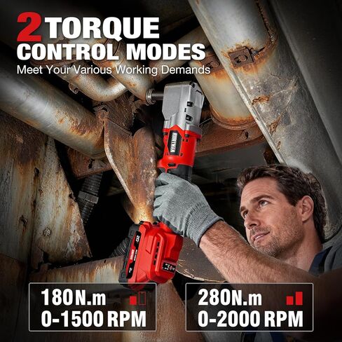 Alloyman 20V Brushless Right Angle Impact Wrench, 207 Ft-lbs（280N.M）,1/2'' High Torque Cordless Power Tool with 2×2.0Ah Batteries, LED Light, 2-Speed Control, Compact 90° Design for Tight Spaces in Kuwait