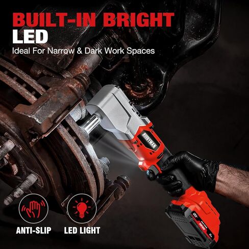 Alloyman 20V Brushless Right Angle Impact Wrench, 207 Ft-lbs（280N.M）,1/2'' High Torque Cordless Power Tool with 2×2.0Ah Batteries, LED Light, 2-Speed Control, Compact 90° Design for Tight Spaces in Kuwait