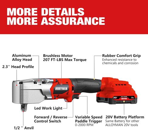Alloyman 20V Brushless Right Angle Impact Wrench, 207 Ft-lbs（280N.M）,1/2'' High Torque Cordless Power Tool with 2×2.0Ah Batteries, LED Light, 2-Speed Control, Compact 90° Design for Tight Spaces in Kuwait