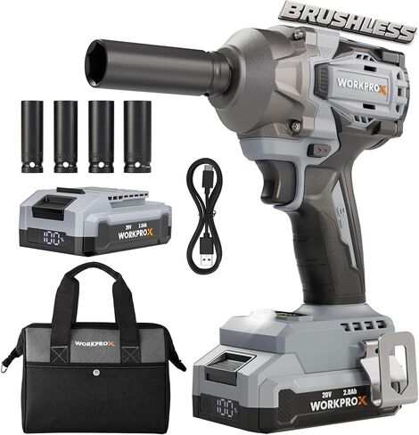 WORKPROX 20V Cordless Impact Wrench Brushless, 440 Ft-Ibs 1/2 Impact Gun | 600N.m High Torque Electric Impact Driver for Car Tire Change, Mower, Pickup & Home Repair, 3 Speeds, LED, 4 Sockets in Kuwait