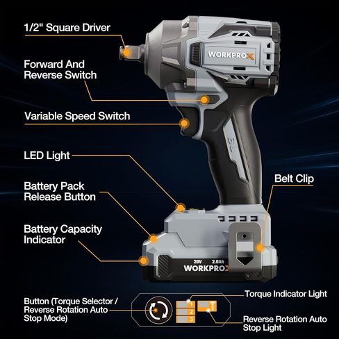 WORKPROX 20V Cordless Impact Wrench Brushless, 440 Ft-Ibs 1/2 Impact Gun | 600N.m High Torque Electric Impact Driver for Car Tire Change, Mower, Pickup & Home Repair, 3 Speeds, LED, 4 Sockets in Kuwait