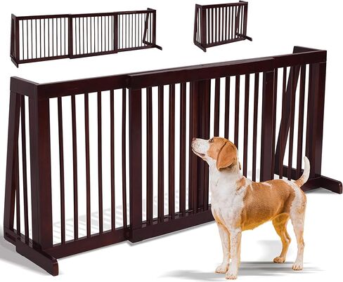 Freestanding Dog Gate, 28-81 Inch Folding Expandable Indoor Puppy Fence w/Widening Feet, Extra Wide Pet Gates, Wood Barrier, Step Over Dog Door for The House, Doorways, Stairs in Kuwait