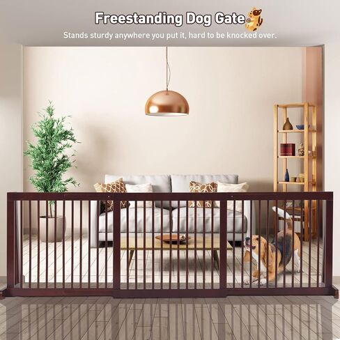 Freestanding Dog Gate, 28-81 Inch Folding Expandable Indoor Puppy Fence w/Widening Feet, Extra Wide Pet Gates, Wood Barrier, Step Over Dog Door for The House, Doorways, Stairs in Kuwait