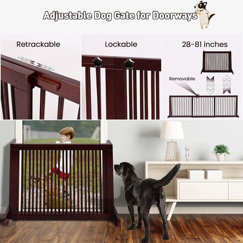 Freestanding Dog Gate, 28-81 Inch Folding Expandable Indoor Puppy Fence w/Widening Feet, Extra Wide Pet Gates, Wood Barrier, Step Over Dog Door for The House, Doorways, Stairs in Kuwait