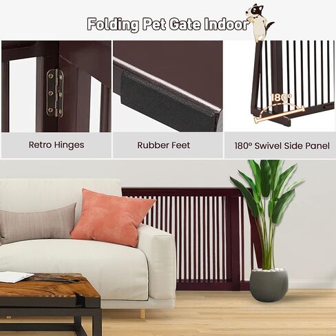 Freestanding Dog Gate, 28-81 Inch Folding Expandable Indoor Puppy Fence w/Widening Feet, Extra Wide Pet Gates, Wood Barrier, Step Over Dog Door for The House, Doorways, Stairs in Kuwait