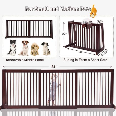 Freestanding Dog Gate, 28-81 Inch Folding Expandable Indoor Puppy Fence w/Widening Feet, Extra Wide Pet Gates, Wood Barrier, Step Over Dog Door for The House, Doorways, Stairs in Kuwait