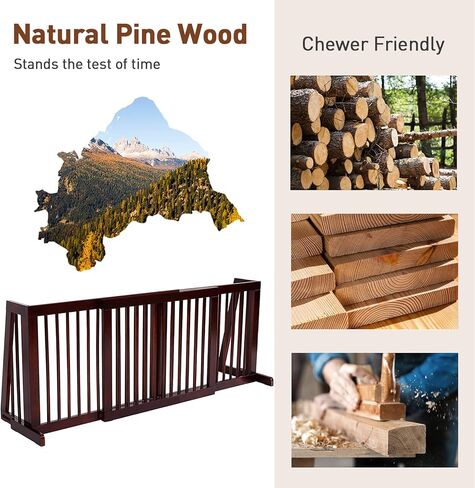Freestanding Dog Gate, 28-81 Inch Folding Expandable Indoor Puppy Fence w/Widening Feet, Extra Wide Pet Gates, Wood Barrier, Step Over Dog Door for The House, Doorways, Stairs in Kuwait