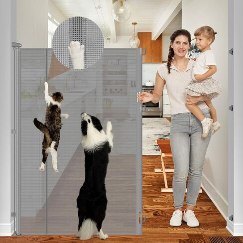 Reinforced 60" Extra Tall Pet Gate for Cats, No Jumping Over/Crawling Under | 55" Wide Retractable Baby Gate for Large Dogs, Indoor/Outdoor, for Stair/Doorway, Sturdy Mesh/One-Hand Use/Easy Install/White in Kuwait
