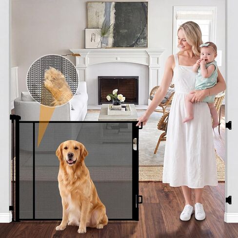 KISKIZ Reinforced 59" Wide Retractable Baby Gates, Prevent Crawling Under | Indoor/Outdoor Retractable Dog Gate for Stairs/Doorway/Deck/Porch, One-Hand Use Safety Lock, Durable Mesh, Easy Install/Black in Kuwait