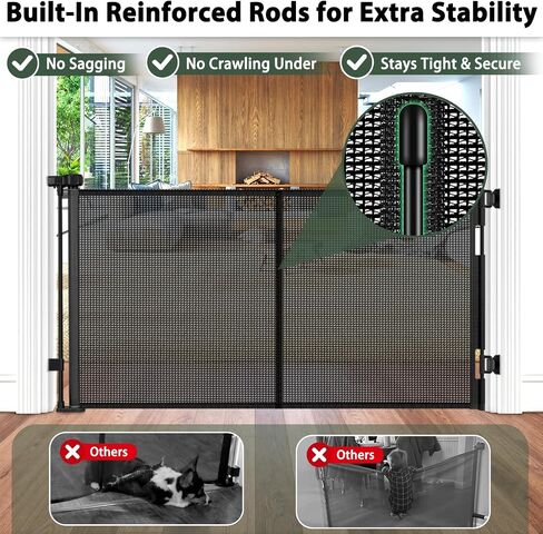 KISKIZ Reinforced 59" Wide Retractable Baby Gates, Prevent Crawling Under | Indoor/Outdoor Retractable Dog Gate for Stairs/Doorway/Deck/Porch, One-Hand Use Safety Lock, Durable Mesh, Easy Install/Black in Kuwait