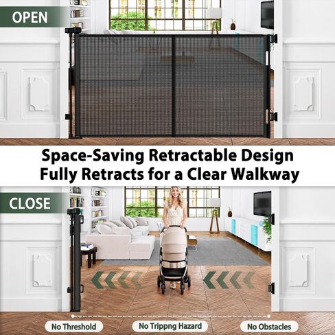 KISKIZ Reinforced 59" Wide Retractable Baby Gates, Prevent Crawling Under | Indoor/Outdoor Retractable Dog Gate for Stairs/Doorway/Deck/Porch, One-Hand Use Safety Lock, Durable Mesh, Easy Install/Black in Kuwait
