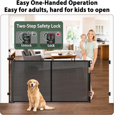 KISKIZ Reinforced 59" Wide Retractable Baby Gates, Prevent Crawling Under | Indoor/Outdoor Retractable Dog Gate for Stairs/Doorway/Deck/Porch, One-Hand Use Safety Lock, Durable Mesh, Easy Install/Black in Kuwait