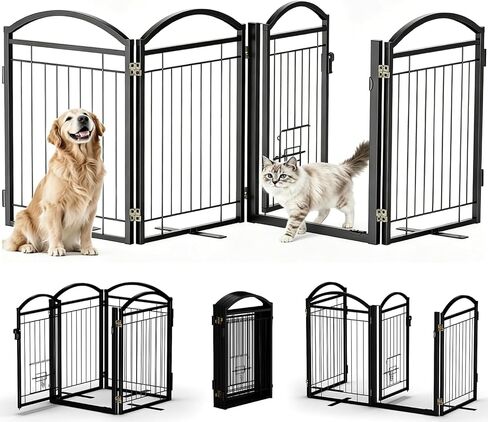 Full Metal Freestanding Dog Gate with Cat Door for Indoor & Outdoor,30" Tall Foldable Dog Fence,80" Extra Wide Free Standing Pet Gate for Large Openings,Stairs,Deck,Yard,Doorways(Black) in Kuwait
