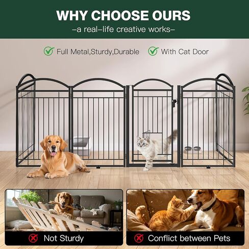 Full Metal Freestanding Dog Gate with Cat Door for Indoor & Outdoor,30" Tall Foldable Dog Fence,80" Extra Wide Free Standing Pet Gate for Large Openings,Stairs,Deck,Yard,Doorways(Black) in Kuwait