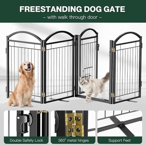 Full Metal Freestanding Dog Gate with Cat Door for Indoor & Outdoor,30" Tall Foldable Dog Fence,80" Extra Wide Free Standing Pet Gate for Large Openings,Stairs,Deck,Yard,Doorways(Black) in Kuwait