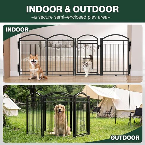 Full Metal Freestanding Dog Gate with Cat Door for Indoor & Outdoor,30" Tall Foldable Dog Fence,80" Extra Wide Free Standing Pet Gate for Large Openings,Stairs,Deck,Yard,Doorways(Black) in Kuwait