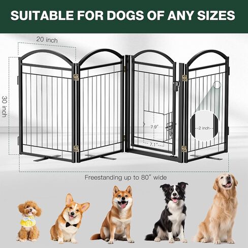 Full Metal Freestanding Dog Gate with Cat Door for Indoor & Outdoor,30" Tall Foldable Dog Fence,80" Extra Wide Free Standing Pet Gate for Large Openings,Stairs,Deck,Yard,Doorways(Black) in Kuwait