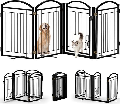 Full Metal Freestanding Dog Gate with Cat Door for Indoor & Outdoor,30" Tall Foldable Dog Fence,80" Extra Wide Free Standing Pet Gate for Large Openings,Stairs,Deck,Yard,Doorways(Black) in Kuwait
