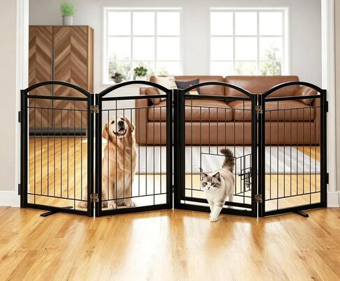 Full Metal Freestanding Dog Gate with Cat Door for Indoor & Outdoor,30" Tall Foldable Dog Fence,80" Extra Wide Free Standing Pet Gate for Large Openings,Stairs,Deck,Yard,Doorways(Black) in Kuwait