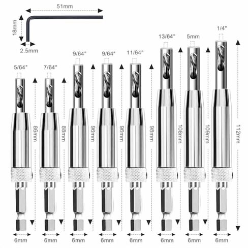 17-Piece VIX Self-Centering Drill Bit Set, 1/4″ Hex Shank Hinge Drill Bits for Woodworking, Doors & Cabinets, Includes Hex Key and 5/64″–1/4″ Bits in Kuwait