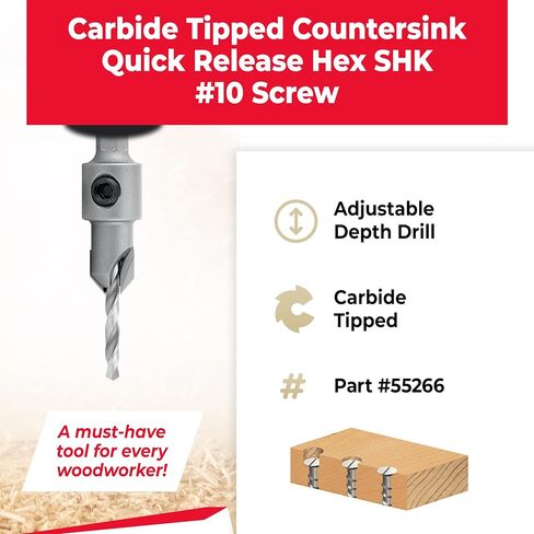 Amana Tool Carbide Tipped 82 Degree Countersink Drill Bit, 55266, 3/8 D x 49 Deg x 1/4 Quick Release Hex Shank for Wood Screw 10 in Kuwait