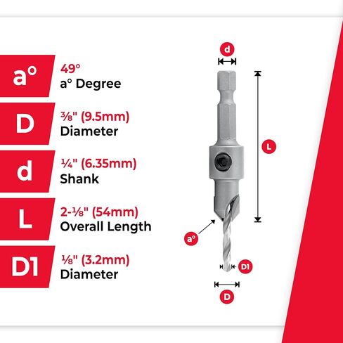 Amana Tool Carbide Tipped 82 Degree Countersink Drill Bit, 55266, 3/8 D x 49 Deg x 1/4 Quick Release Hex Shank for Wood Screw 10 in Kuwait