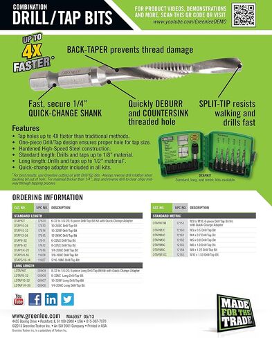 Greenlee LDTAPKIT Drill/Tap/Countersink Set, Hss, 7 Pcs., 8-32 to 1/4-20 in Kuwait