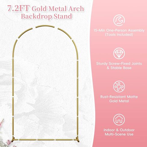 STARLATTA 7.2FT Gold Metal Wedding Arch Backdrop Stand | Heavy duty, reusable, for wedding ceremony, birthday party, baby shower, bridal shower & photo booth decoration in Kuwait