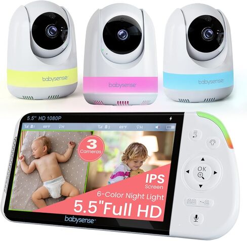 Babysense 5.5" Full-HD Split-Screen Baby Monitor, Video Baby Monitor with Camera and Audio, 3 Cameras with 6-Color RGB Night Light, 1000ft Range, 5000mAh Battery in Kuwait