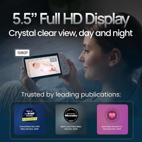 Babysense 5.5" Full-HD Split-Screen Baby Monitor, Video Baby Monitor with Camera and Audio, 3 Cameras with 6-Color RGB Night Light, 1000ft Range, 5000mAh Battery in Kuwait