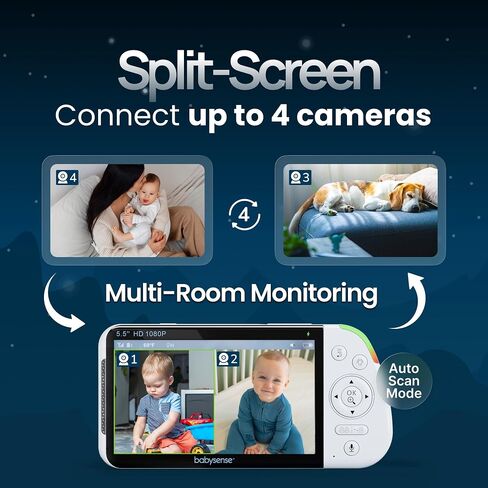 Babysense 5.5" Full-HD Split-Screen Baby Monitor, Video Baby Monitor with Camera and Audio, 3 Cameras with 6-Color RGB Night Light, 1000ft Range, 5000mAh Battery in Kuwait