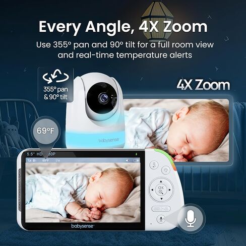 Babysense 5.5" Full-HD Split-Screen Baby Monitor, Video Baby Monitor with Camera and Audio, 3 Cameras with 6-Color RGB Night Light, 1000ft Range, 5000mAh Battery in Kuwait