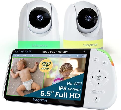 Babysense 5.5" Full-HD Split-Screen Baby Monitor, Video Baby Monitor with Camera and Audio, 3 Cameras with 6-Color RGB Night Light, 1000ft Range, 5000mAh Battery in Kuwait