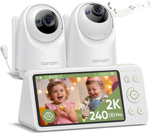 bonoch 2K 5.5" Baby Monitor No WiFi, Video Monitor with Camera and Audio | 240hrs Battery, White Noise, Hack-Proof, Night Vision, Cry/Sleep Turnover/Motion Smart Detect, PTZ, 2 Way Audio, VOX, No Apps in Kuwait