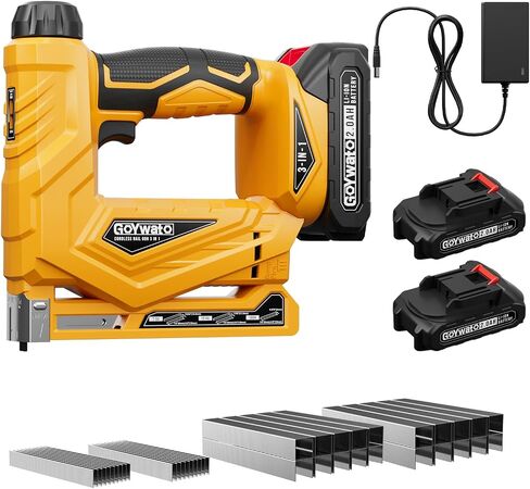 3-in-1 Small 21V Cordless Staple Gun, 18 GA Electric Brad Nailer | Battery Powered, Depth Adjustment, with 2 x 2.0Ah Batteries & Charger, 1000x18GA Nails & 1000xT50 Staples & 1000x10J Staples in Kuwait
