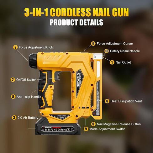3-in-1 Small 21V Cordless Staple Gun, 18 GA Electric Brad Nailer | Battery Powered, Depth Adjustment, with 2 x 2.0Ah Batteries & Charger, 1000x18GA Nails & 1000xT50 Staples & 1000x10J Staples in Kuwait