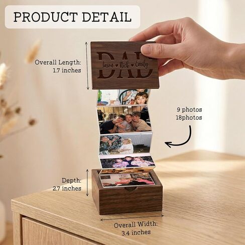 Personalized Pull Out Photo Box, Custom Engraved Accordion Picture Wooden Box, Father Day Gifts, Picture Album Box Gifts, Holds 18 Photo Prints in Kuwait