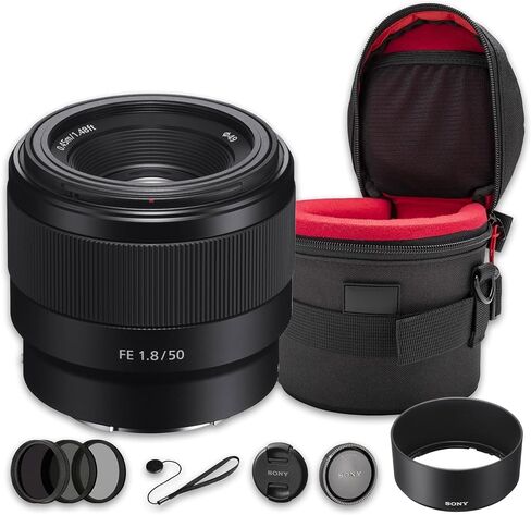 Sony FE 50mm f/1.8 Lens Bundle | Full-Frame Standard Prime with Fast f/1.8 Aperture, Lightweight Design & Fast AF | Great for Portraits & Travel (SEL50F18F/2) + Filter Kit + Case + Cap Keeper in Kuwait