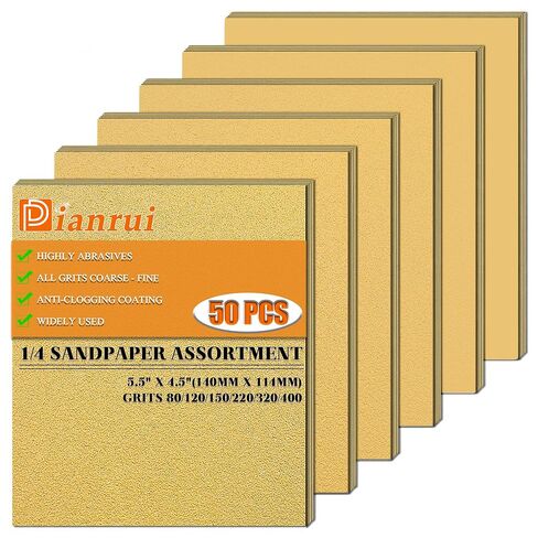 Dianrui 50 PCS 1/4 Sandpaper Sheets, 80/120/150/220/320/400 Grit Sandpaper Assortment for Wood/Metal Furniture, Sand Paper for Drywall 5.5" x 4.5" in Kuwait
