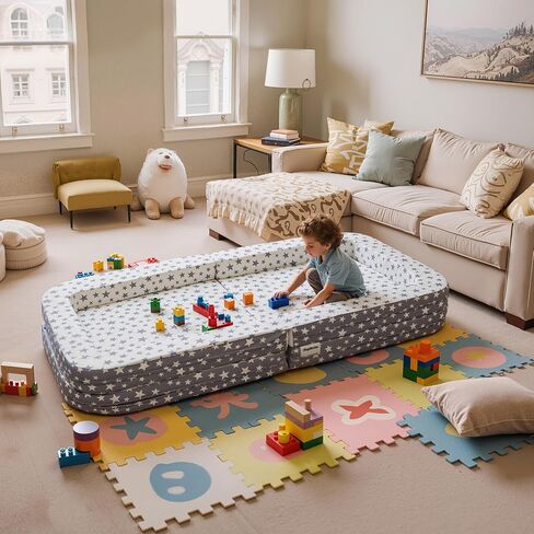 Toddler Travel Bed & Sofa, Portable Foldable Kids Play Mat,3-in-1, Lightweight Star Print Oxford Cot, 60"x30" Easy Carry Bed for Travel in Kuwait