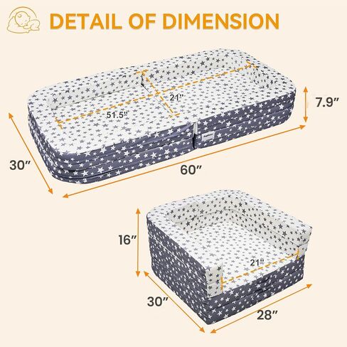 Toddler Travel Bed & Sofa, Portable Foldable Kids Play Mat,3-in-1, Lightweight Star Print Oxford Cot, 60"x30" Easy Carry Bed for Travel in Kuwait