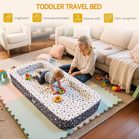 Toddler Travel Bed & Sofa, Portable Foldable Kids Play Mat,3-in-1, Lightweight Star Print Oxford Cot, 60"x30" Easy Carry Bed for Travel in Kuwait