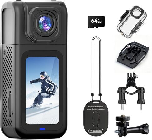 4K Thumb Action Camera with 180° Rotatable Lens, 38.3g Ultra-Light Mini Wearable POV Camera, Portable Vlogging,Helmet Cam for Cycling,Motorcycle (with 64G-Card, Black) in Kuwait