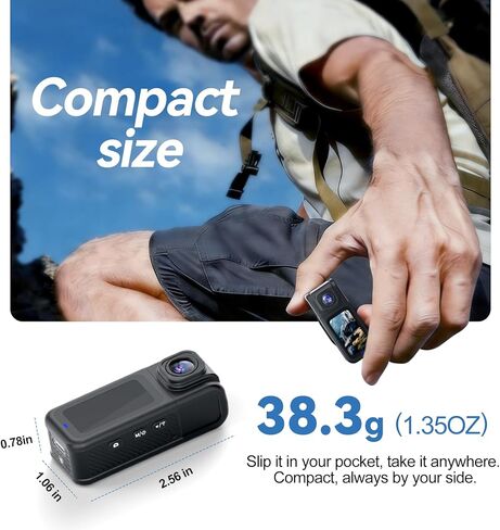 4K Thumb Action Camera with 180° Rotatable Lens, 38.3g Ultra-Light Mini Wearable POV Camera, Portable Vlogging,Helmet Cam for Cycling,Motorcycle (with 64G-Card, Black) in Kuwait
