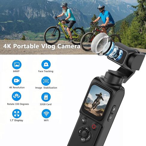 4K Vlogging Camera with Stabilization, 64MP Pocket Camera with Face Tracking & 330° Rotating Lens, Handheld Content Creator Camera for YouTube TikTok Travel Vlog in Kuwait