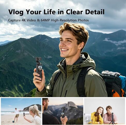 4K Vlogging Camera with Stabilization, 64MP Pocket Camera with Face Tracking & 330° Rotating Lens, Handheld Content Creator Camera for YouTube TikTok Travel Vlog in Kuwait