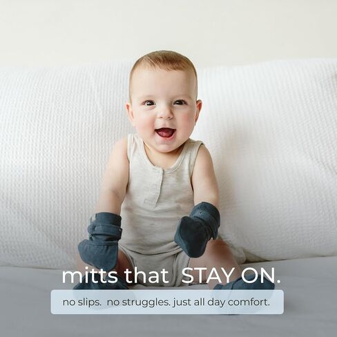 goumikids Newborn Mittens No Scratch Viscose Stay-On, Midnight 3-6m | Anti-scratch baby mitts with velcro, organic cotton blend, breathable, moisture-wicking, machine washable, eczema-safe in Kuwait